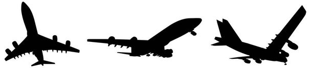 Vector conceptual set of three flying black passenger jetliner or commercial planes, isolated on white background as a metaphor for jet transportation, travel industry or modern freedom concept - Vetor, Imagem