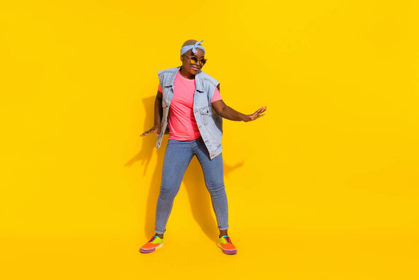 Full body portrait of overjoyed satisfied person have fun clubbing disco isolated on yellow color background. - Foto, Bild