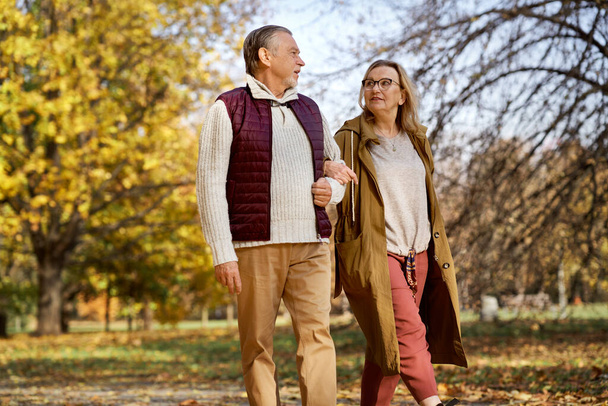 Oudere vrouw en man wandelen samen in het park in de herfst - Foto, afbeelding
