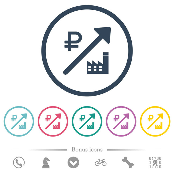 Rising power plant russian Ruble prices flat color icons in round outlines. 6 bonus icons included. - Vektör, Görsel