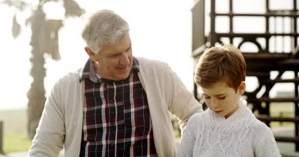 Щасливий дід і онук об'єднуються на морській набережній. Портрет веселого молодого хлопчика і старшого чоловіка разом влітку, насолоджуючись сім'єю в парку
. - Кадри, відео