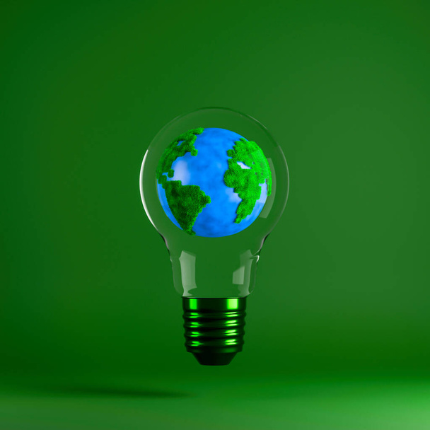 Green planet earth with grass texture inside light bulb on green background. Eco-friendly sustainable lifestyle. 3d rendering - Foto, Bild