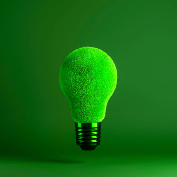Green grass texture of light bulb on green background. Concept of energy saving, eco-friendly technologies and sustainable lifestyle. 3d rendering - Zdjęcie, obraz