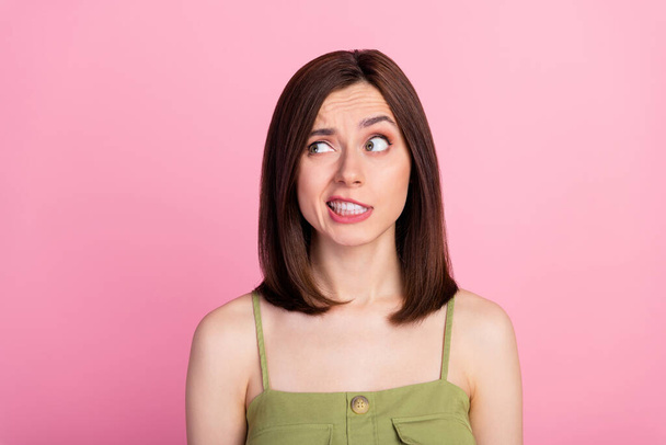 Photo of dislike brunette lady look promo wear khaki top isolated on pink color background. - Φωτογραφία, εικόνα