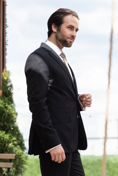 Bearded groom in formal wear looking away on terrace  - 写真・画像