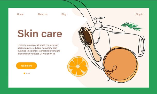 Skin care concept. Landing page template. Morning routine. Bath time. Organic products for scrubbing and body skin care with natural herbal skin care products, top view. Vector illustration - Vector, afbeelding