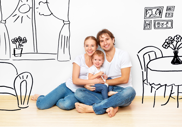 Conceito: família jovem feliz em novo apartamento sonho e planejar interior
 - Foto, Imagem