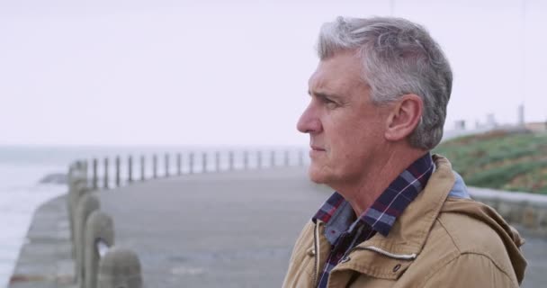 Retired pensive mature contemplating his retirement looking at the sea or ocean view. Carefree and thoughtful senior man thinking at the beach while on holiday or vacation - Materiał filmowy, wideo