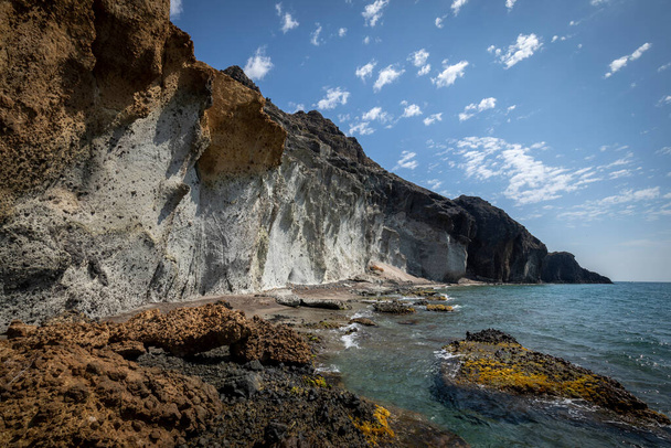 Idyllic coves of the Barronal with blue and transparent waters in the Natural Park of Cabo de Gata and Njar in Almera, Andalusia, Spain. - Zdjęcie, obraz