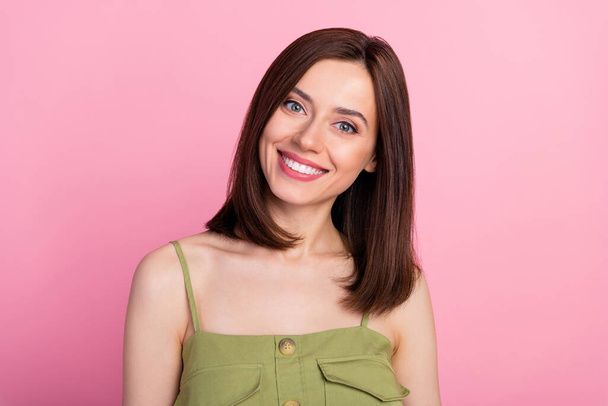 Photo of adorable gorgeous pretty girl bob hairdo wear khaki top toothy smiling at camera stomatology ad isolated on pink color background. - 写真・画像