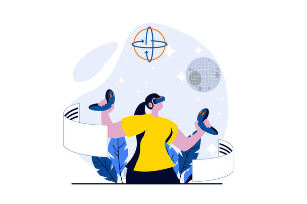 Metaverse concept with people scene in flat cartoon design. Woman in VR headset with controllers researching space and working with data in virtual simulation. Illustration visual story for web - Zdjęcie, obraz