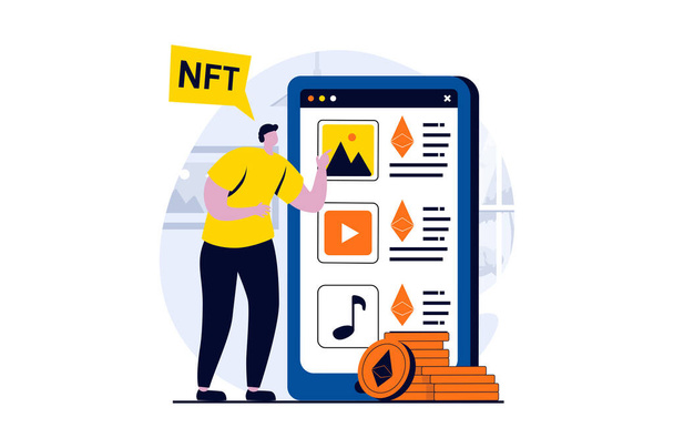 NFT token concept with people scene in flat cartoon design. Male artist posts his artwork, paintings, videos and music for sale on online marketplaces. Illustration visual story for web - Fotoğraf, Görsel