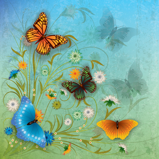 abstracte grunge illustratie met vlinder en bloemen - Vector, afbeelding