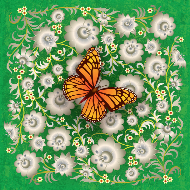 абстрактная гранжевая иллюстрация с бабочкой и цветами
 - Вектор,изображение