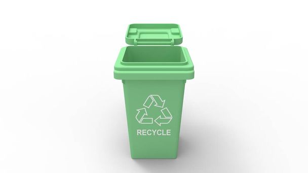 3D rendering of a green environment recycle trash bin container illustration model. Household disposal of plastic, food organic glass paper etc trash can. - 写真・画像