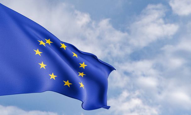 Σημαία Οργάνωσης Ευρωπαϊκή Ένωση στο φόντο των νεφών, σημαία υφάσματος Ευρωπαϊκή Ένωση, φόντο του γαλάζιου ουρανού με σημαία της Ευρωπαϊκής Ένωσης, τρισδιάστατο έργο και τρισδιάστατη εικόνα - Φωτογραφία, εικόνα