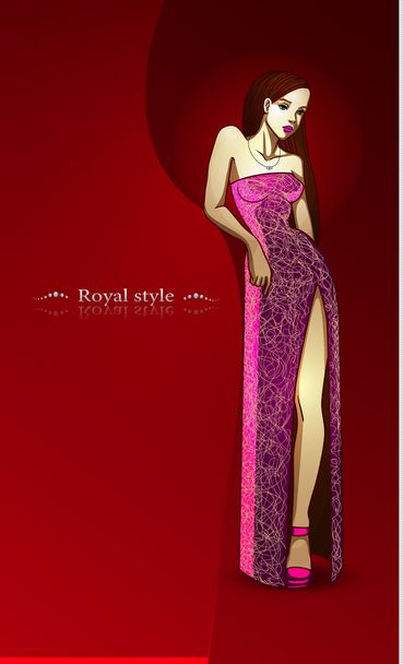 ロイヤル スタイル。ピンクの長いドレスの下で美しい少女 - ベクター画像