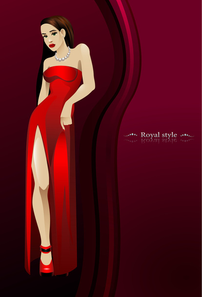 Βασιλικό στυλ. όμορφο κορίτσι στο κόκκινο μακρύ φόρεμα κάτω - Διάνυσμα, εικόνα