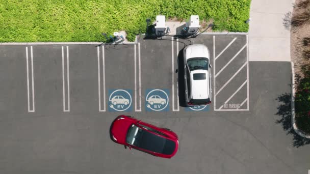 Aerial view of red car parking in green business park. 4K electric, zero pollution cars on green energy concept on modern city parking lot. Alternative energy for ecological cars at bright sunny day - Imágenes, Vídeo