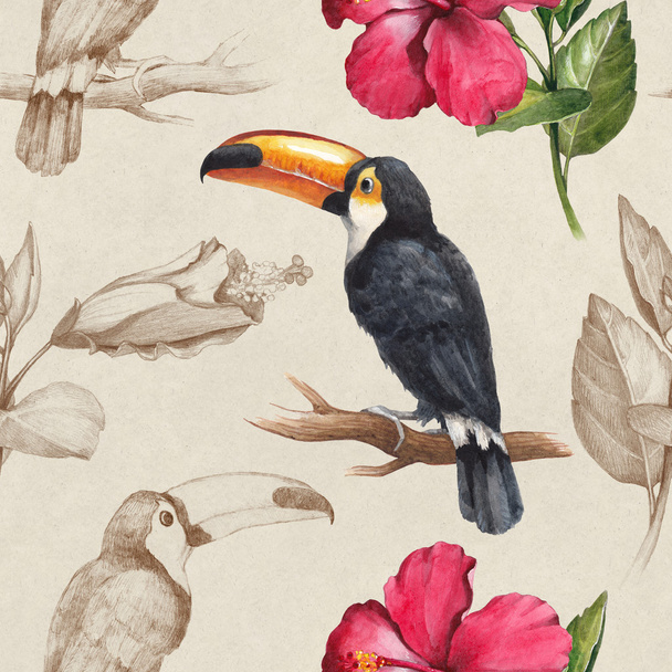 Toucan and hibiscus flower pattern - Foto, afbeelding