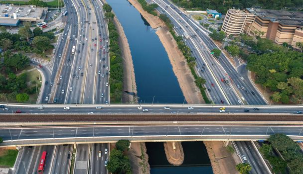 Marginal Tiete Highway, Tiete River and Cruzeiro do Sul Bridge aerial view - Sao Paulo, Brazil - Valokuva, kuva