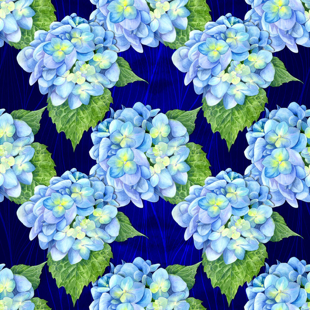 Hydrangea. Seamless wallpaper with floral motifs. Floral motifs. Decorative composition with flowers on a watercolor background. Use printed products, signs, posters, postcards, packaging. - Foto, Bild