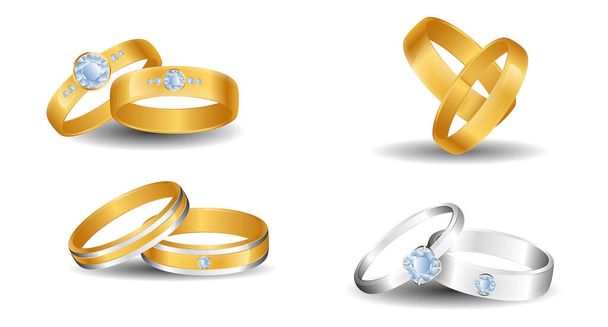 set of realistic wedding rings isolated or luxury golden ring for engaged or valentine's gold ring concept. eps vector - Wektor, obraz
