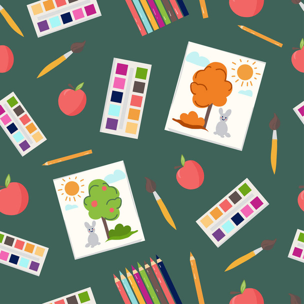 School pattern with elements of stationery, childrens creativity, drawing and paints on green background - Vektori, kuva