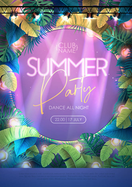 Summer tropic disco party poster with tropic leaves and modern electric lamps. Nature concept. Summer background. Vector illustration - Vector, Image