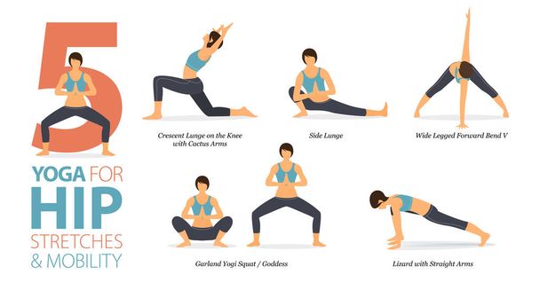 Infographic 5 Yoga poses for workout at home in concept of hip stretch in flat design. Women exercising for body stretching. Yoga posture or asana for fitness infographic. Flat Cartoon Vector Illustration. - Wektor, obraz