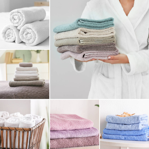 Collage with woman and different soft terry towels - 写真・画像