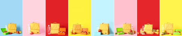 Set of bags with lunch boxes and fresh food on color background - Foto, afbeelding