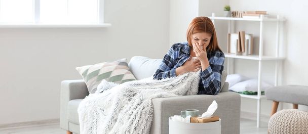 Woman ill with flu at home - Fotoğraf, Görsel