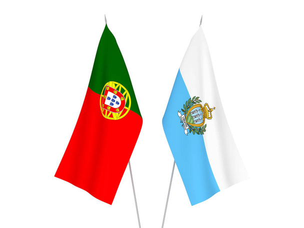 Σημαίες εθνικού υφάσματος του Αγίου Μαρίνου και της Πορτογαλίας απομονωμένες σε λευκό φόντο. 3d απεικόνιση απόδοση. - Φωτογραφία, εικόνα