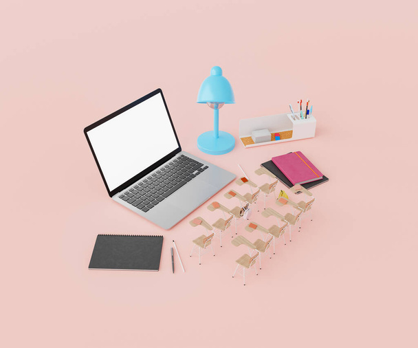 From above 3D rendering of large laptop with white screen and lamp with notebooks and stationery placed against pink background with rows of chairs - Foto, afbeelding