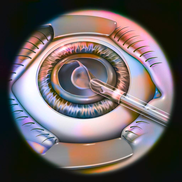 Eye, cataract, phacoemulsification - step 3: placement of the implant in the capsular bag. - Valokuva, kuva