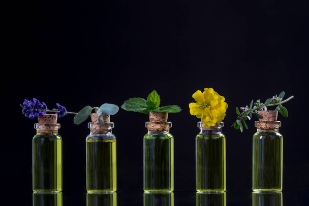 Aromatherapy bottles close-up view - 写真・画像