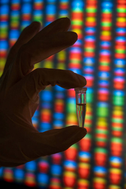 Рука держит трубку с образцами ДНК перед изображением генома. - Фото, изображение