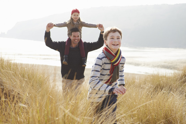 Father And Children On Winter Beach - Foto, imagen