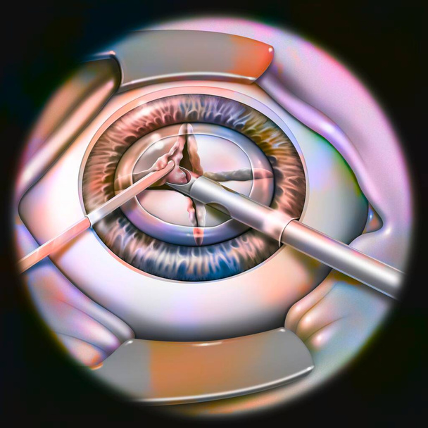 Eye, cataract, phacoemulsification: consists of breaking the lens with a probe. - Valokuva, kuva