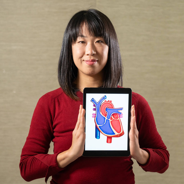 Woman holding a screen with a heart cutout design - Foto, Imagem