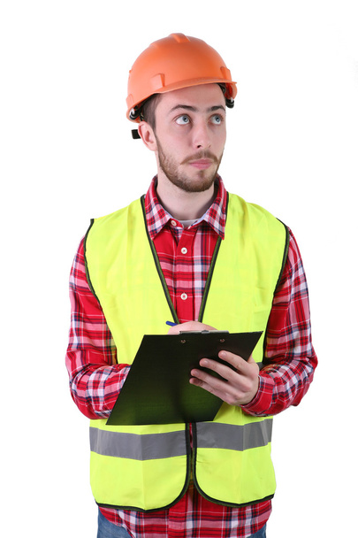 männlicher Bauarbeiter. Facharbeiter Ingenieur. isoliert auf weißem Hintergrund - Foto, Bild
