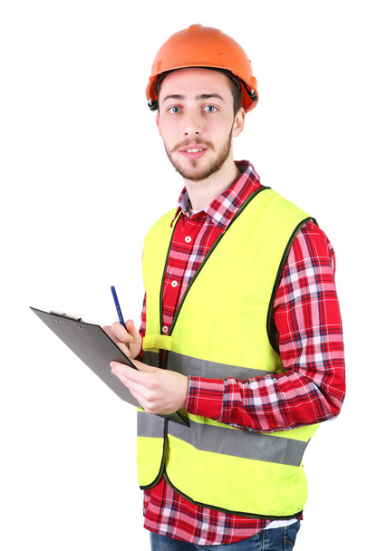 Trabajador de construcción masculino. Ingeniero trabajador calificado. Aislado sobre fondo blanco
 - Foto, Imagen