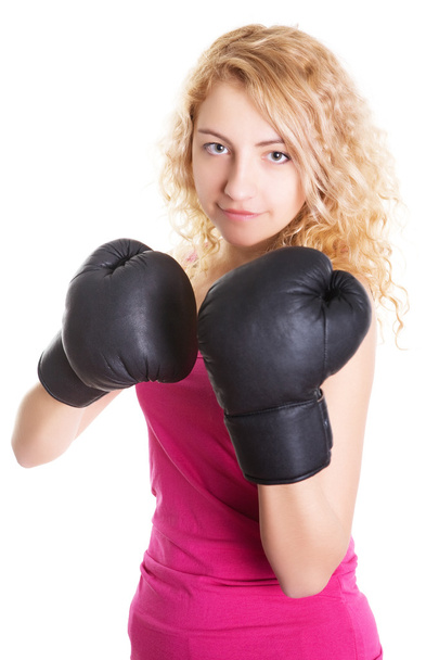 beautiful woman with the black boxing gloves, studio shot, isolated on the white background - Foto, Bild