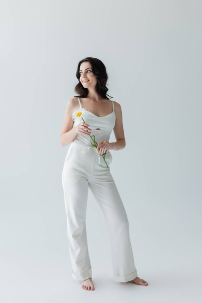 Full length of barefoot woman in white clothes smiling and holding chamomile on grey background - Foto, Imagen