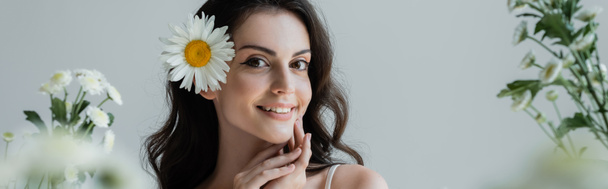Young woman with makeups and chamomile in hair smiling at camera near blurred flowers isolated on grey, banner  - Photo, Image