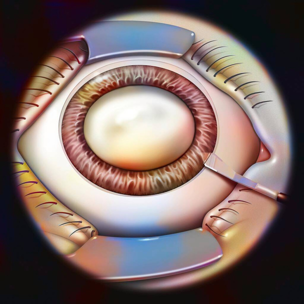 Eye, cataract, phacoemulsification - step 1: making the self-sealing incision. - Foto, imagen