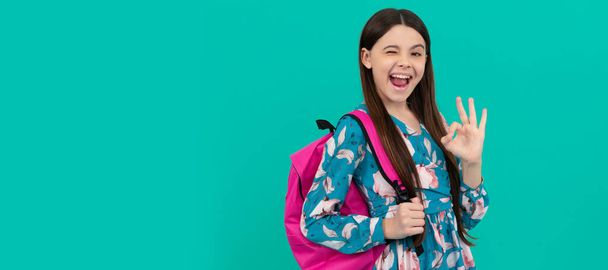 happy child carry backpack going to school winking and show ok gesture, back to school. Horizontal isolated poster of school girl student. Banner header portrait of schoolgirl copy space - Foto, afbeelding