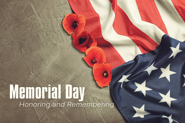 Memorial Day, Honoring and Remembering. American flag and red poppy flowers on grey background, top view - Photo, image