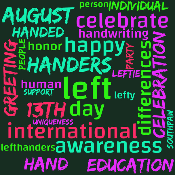 Міжнародний день лівих обробників в ілюстрації хмарного колажу. День лівих хазяїв відзначається щорічно 13 серпня, щоб відзначити унікальність і відмінності лівих осіб. - Фото, зображення